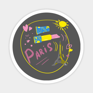 Colored drawing with a pink heart. Stylish print on the theme of Paris. Magnet